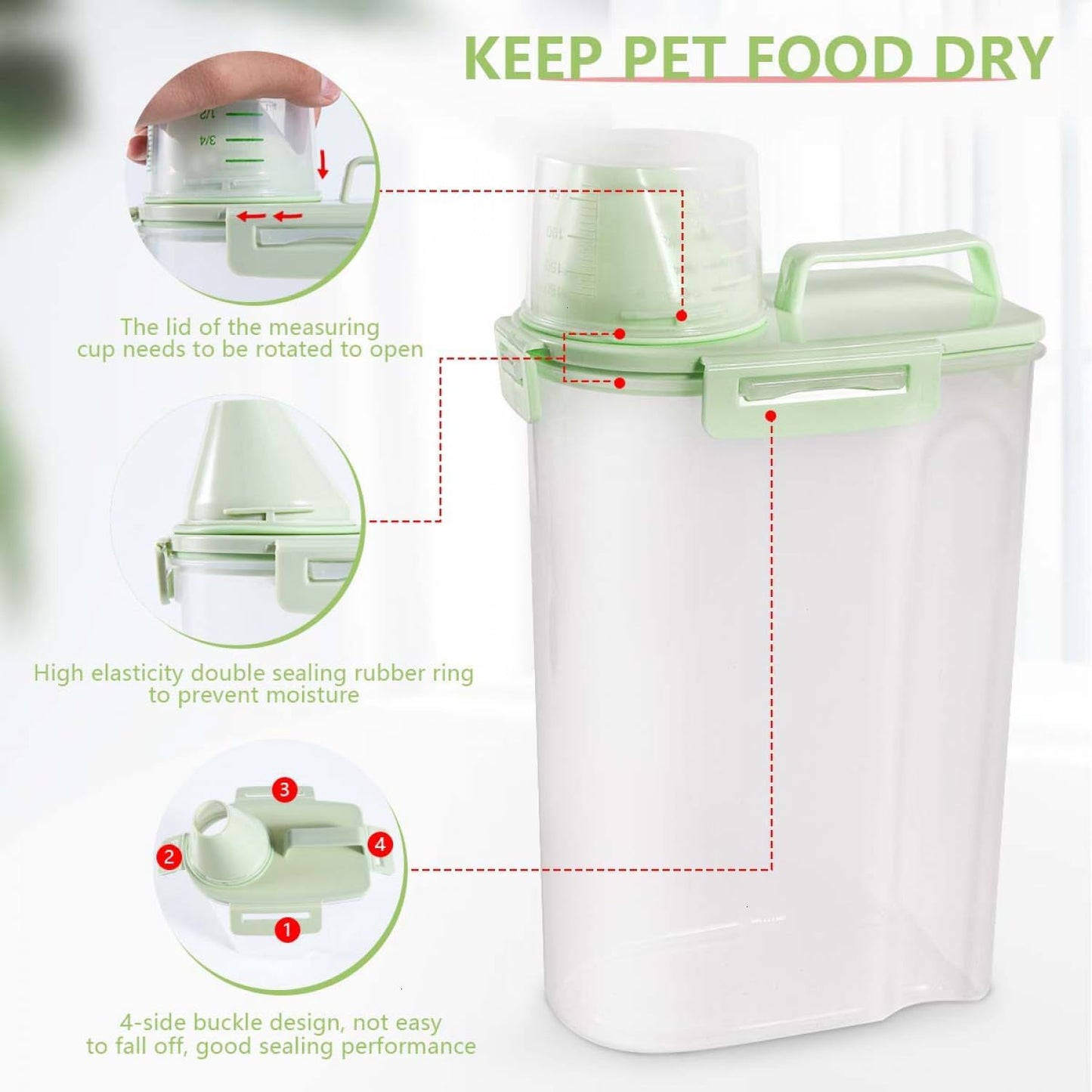 SenseYo 2.5lb Pet Food Storage Container with Measuring Cup, 3L Cat Food Storage Container Dog Food Storage BPA Free for Small Dog, Cat, Bird (Green)
