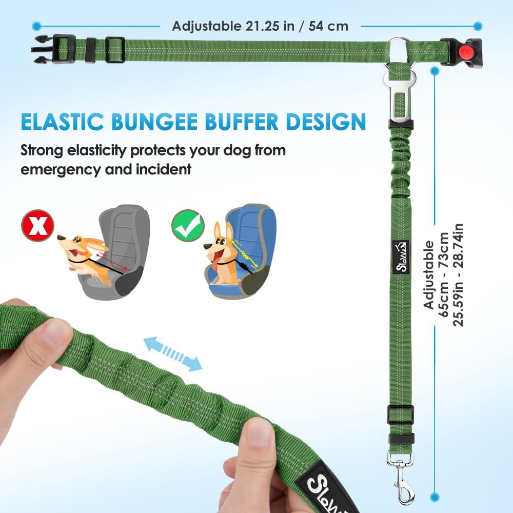 SlowTon Dog Seat Belt for Car, 2 Pack Dog Car Harness Seatbelt Adjustable with Elastic Bungee Buffer, 2 in 1 Pet Car Leash Headrest Restraint Dog Reflective Safety Tether (Green, Headrest+Clip)