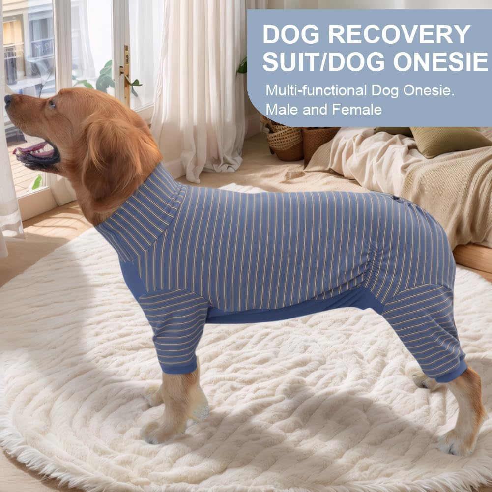 Dog Pyjamas PJS Sweater Clothes and Home Clothing Suitable for Large to Giant Breeds of Dogs, Dog Surgery Recovery Suit, Extra-Large Stretch Fabric, Four-Legged (Thickened Blue Stripes, 6XL)