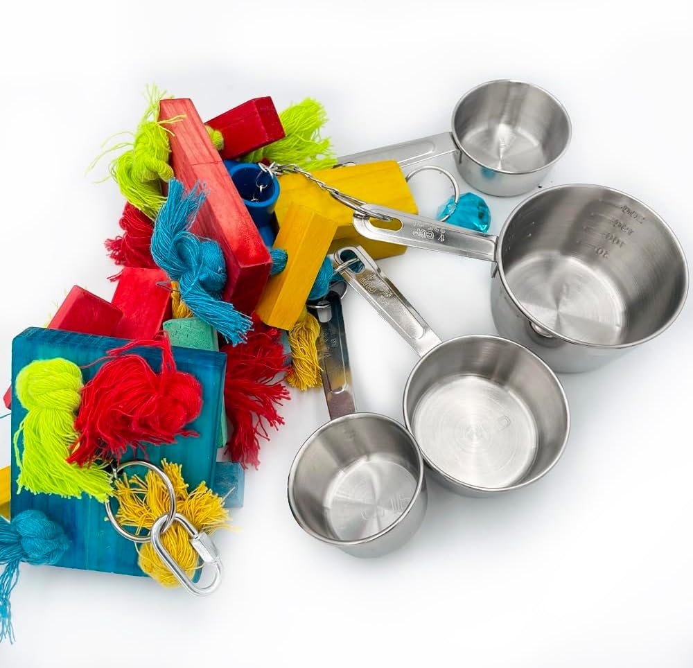 Large Bird Blocks and Knots Tearing Toys, Multicolored Natural Wooden Blocks and Cotton Knots with Stainless Steel Cup Toys for Extra Large Parrots Macaw African Grey Amazon Cockatoo Eclectus