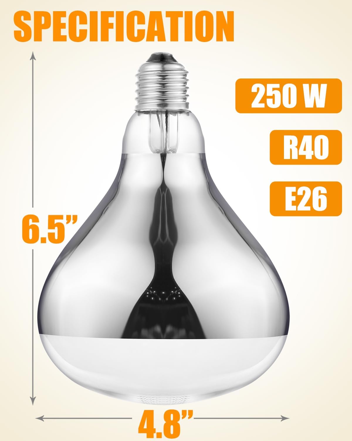 250W Heat Lamp Bulbs, 8000 Hours Rated, R40 Bathroom Shower Incandescent Light Bulb, Infrared Heating for Chickens, Reptiles, Pets, Food, E26 Base, 6 Pack