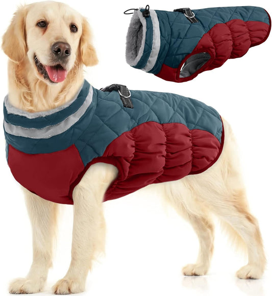 FUAMEY Dog Coat for Large Dogs,Waterproof Dog Winter Jacket with Harness Built in Puppy Cold Weather Coats Reflective Pet Vest with Zipper Warm Fleece Dogs Snowsuit Windproof Dark Blue L