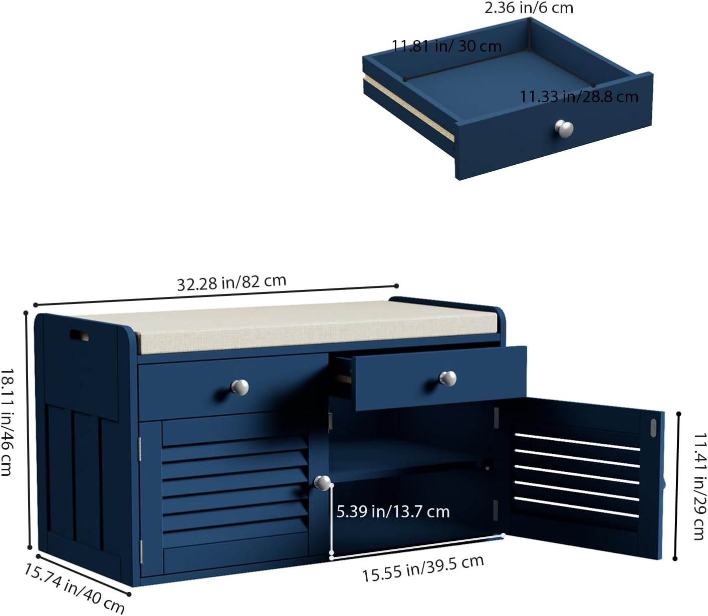 Shoe Storage Bench with 2 Drawers & 2 Doors, Entryway Bench with Cushion, 2 Adjustable Shelves, Shoe Cabinet for Entryway, Living Room, Hallway, Mudroom, Bedroom, Blue