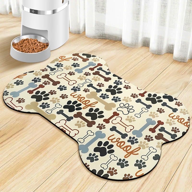 Dog Food Mats for Floors Waterproof, Pet Feeding Absorbent Water Bowl Mat Cat Placemats Beige Bone Shape 25.5 * 17 inch
