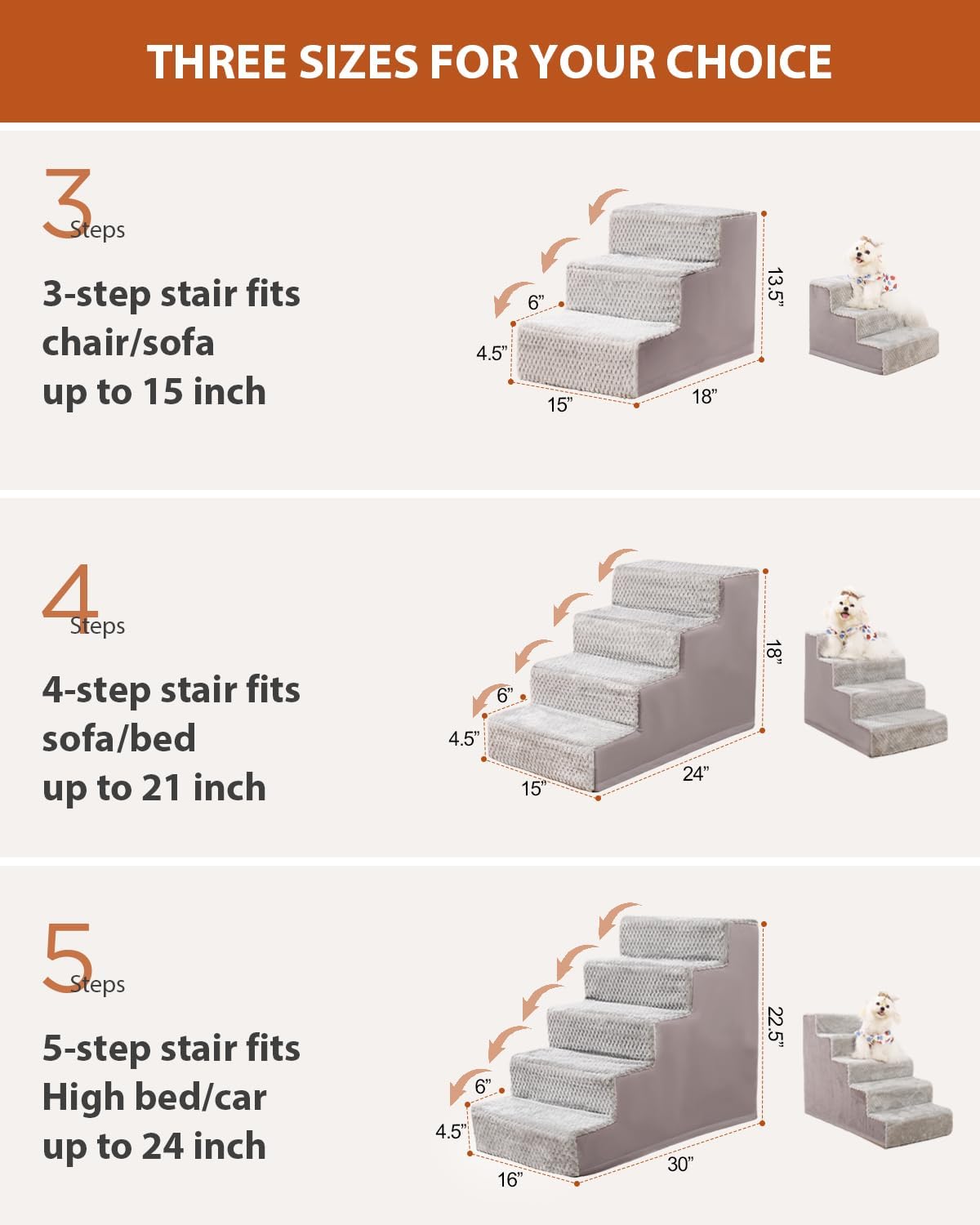 Dog Stairs for Small Dogs,22" H,5-Step Dog Steps for High Bed Couch and Sofa,Pet Stairs for Dogs and Cats Climbing with Non-Slip Bottom and Washable Cover,Grey