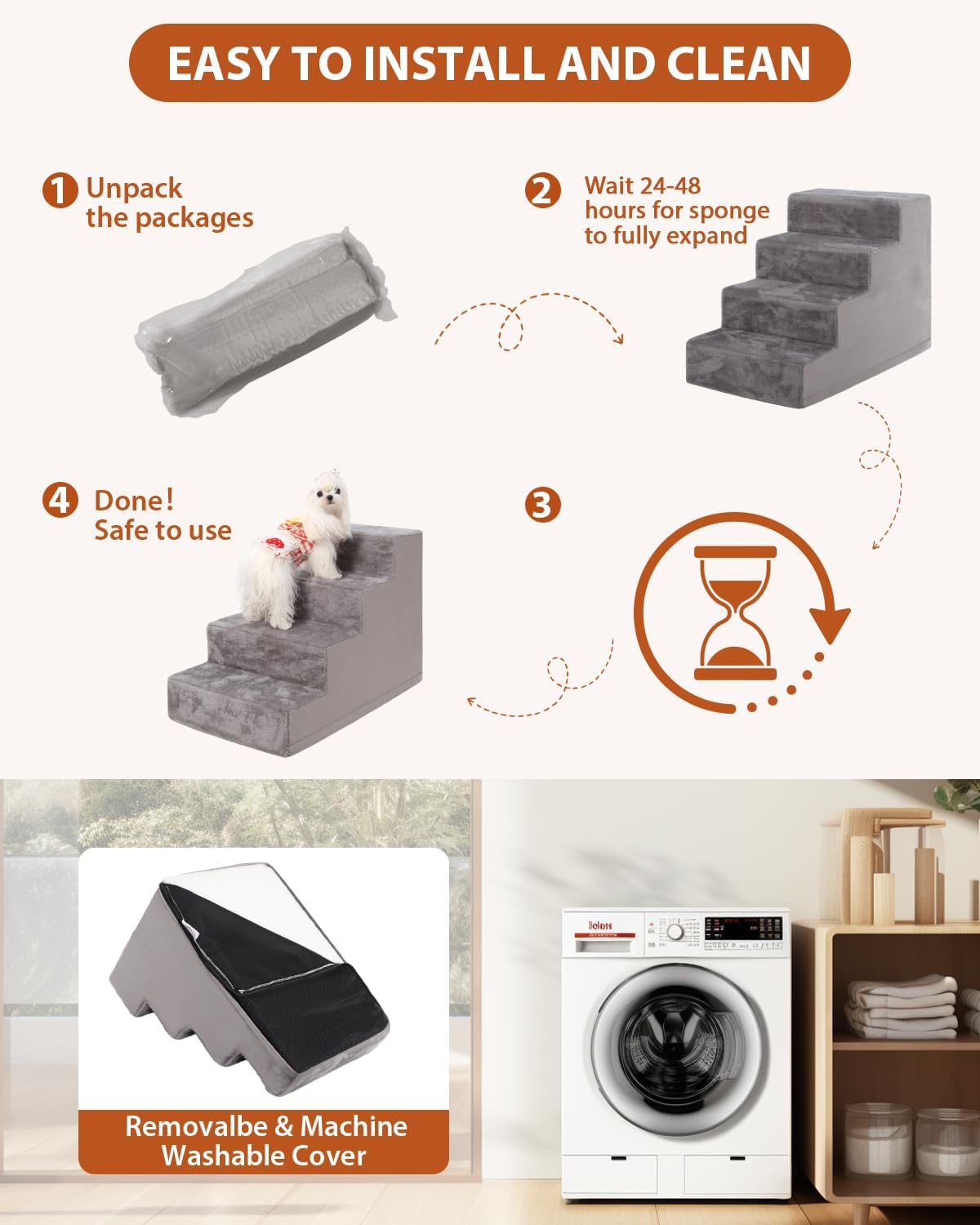 Dog Stairs for Small Dogs,17.5" 4-Step Pet Stairs for High Beds and Couches，Dog Steps with Non-Slip Bottom and High-Density Foam Indoor Outdoor,Grey