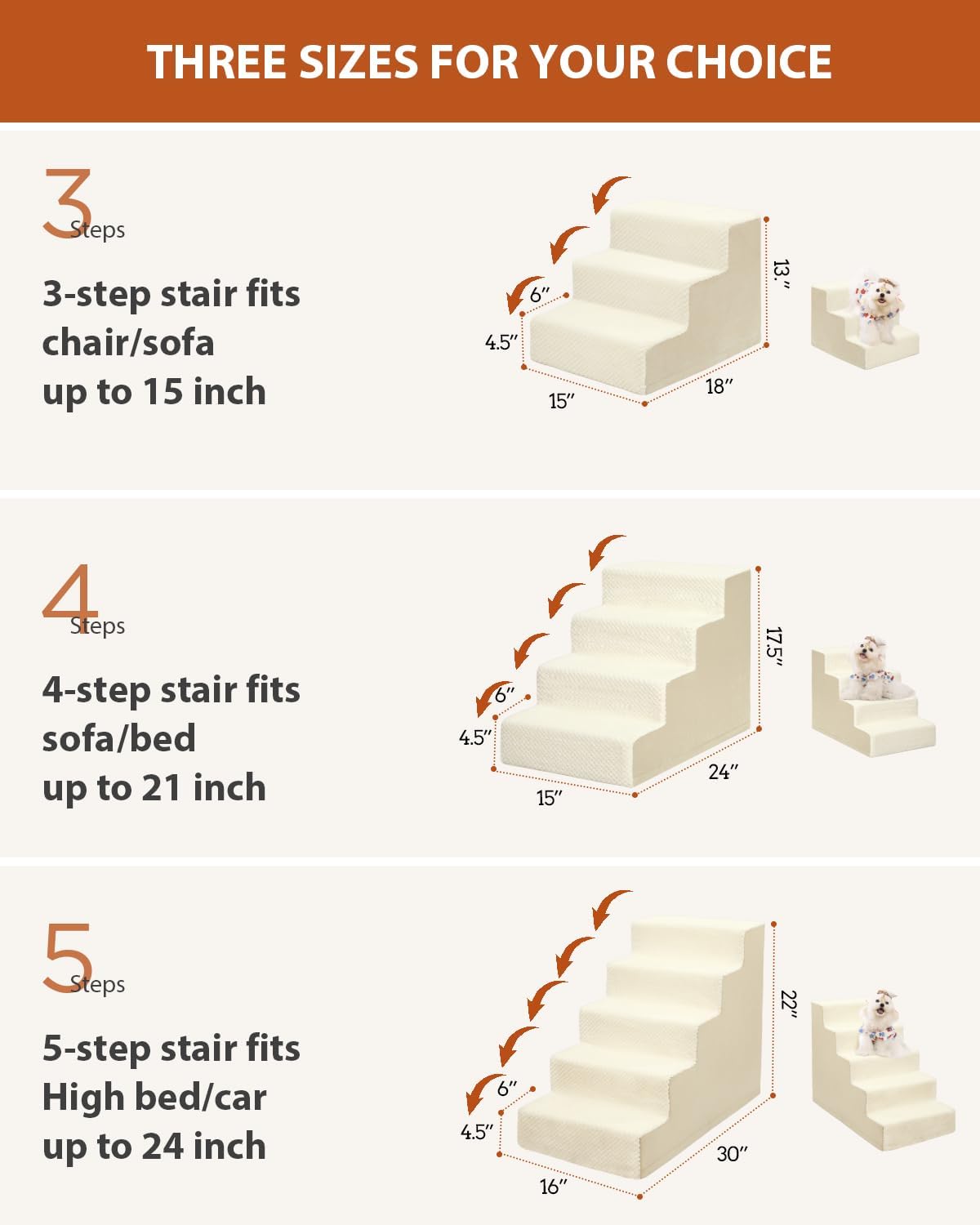 Dog Stairs for Small Dogs,22" H,5-Step Dog Steps for High Bed Couch and Sofa,Pet Stairs for Dogs and Cats Climbing with Non-Slip Bottom and Washable Cover,Beige
