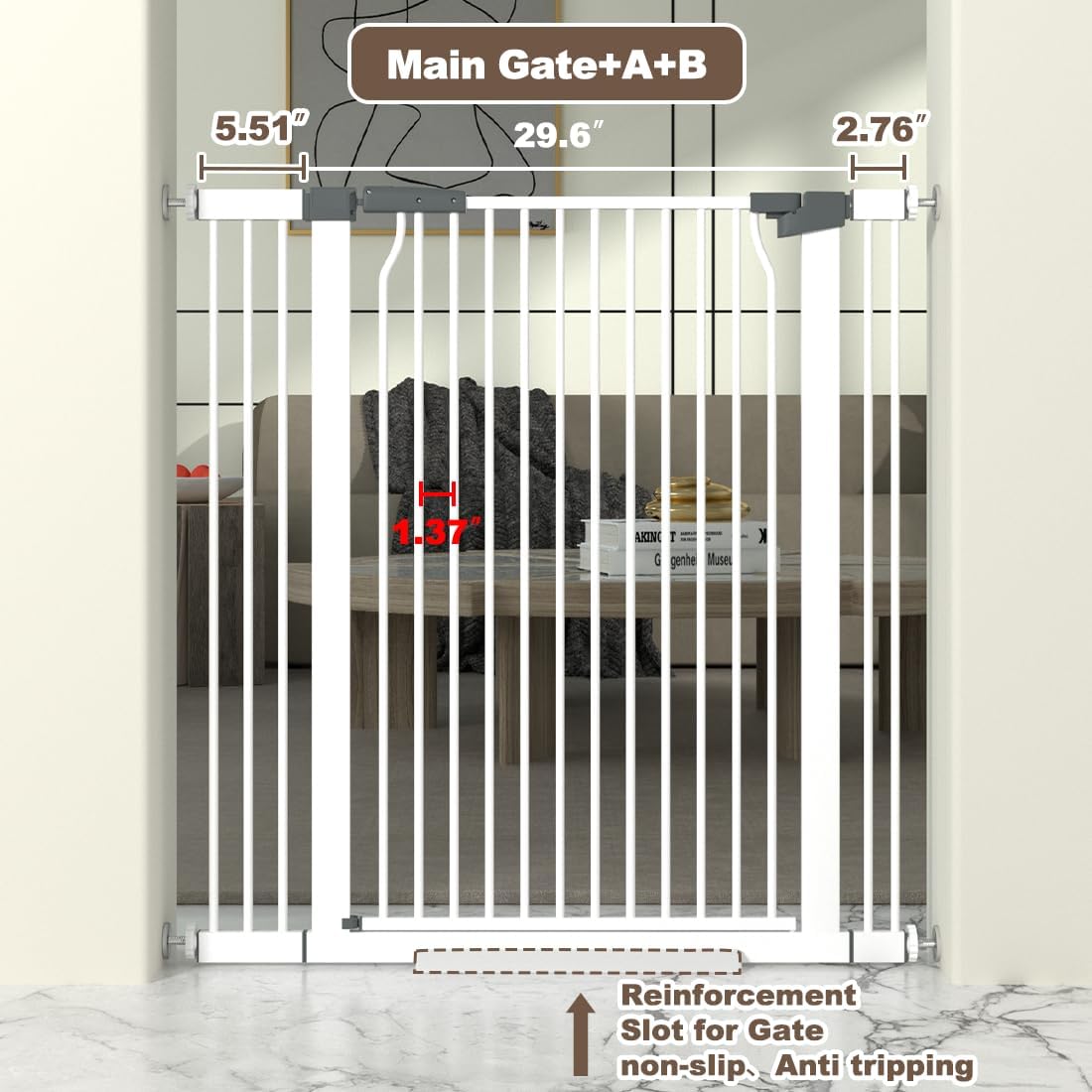 41" Extra Tall Baby Gate for Doorway, 32.6-40.5'' Metal Pet Baby Safe Gate, Extra Wide Pressure Mounted Child Door with Expansion Kit, No Drilling Cat Fence Indoor, No Climb Cat Proof Gate, White