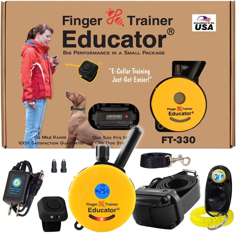 E-Collar - FT-330 - Waterproof Remote Finger Trainer Micro Educator 1/2 Mile Range - Static, Vibration and Sound Stimulation Collar with PetsTEK Dog Training Clicker