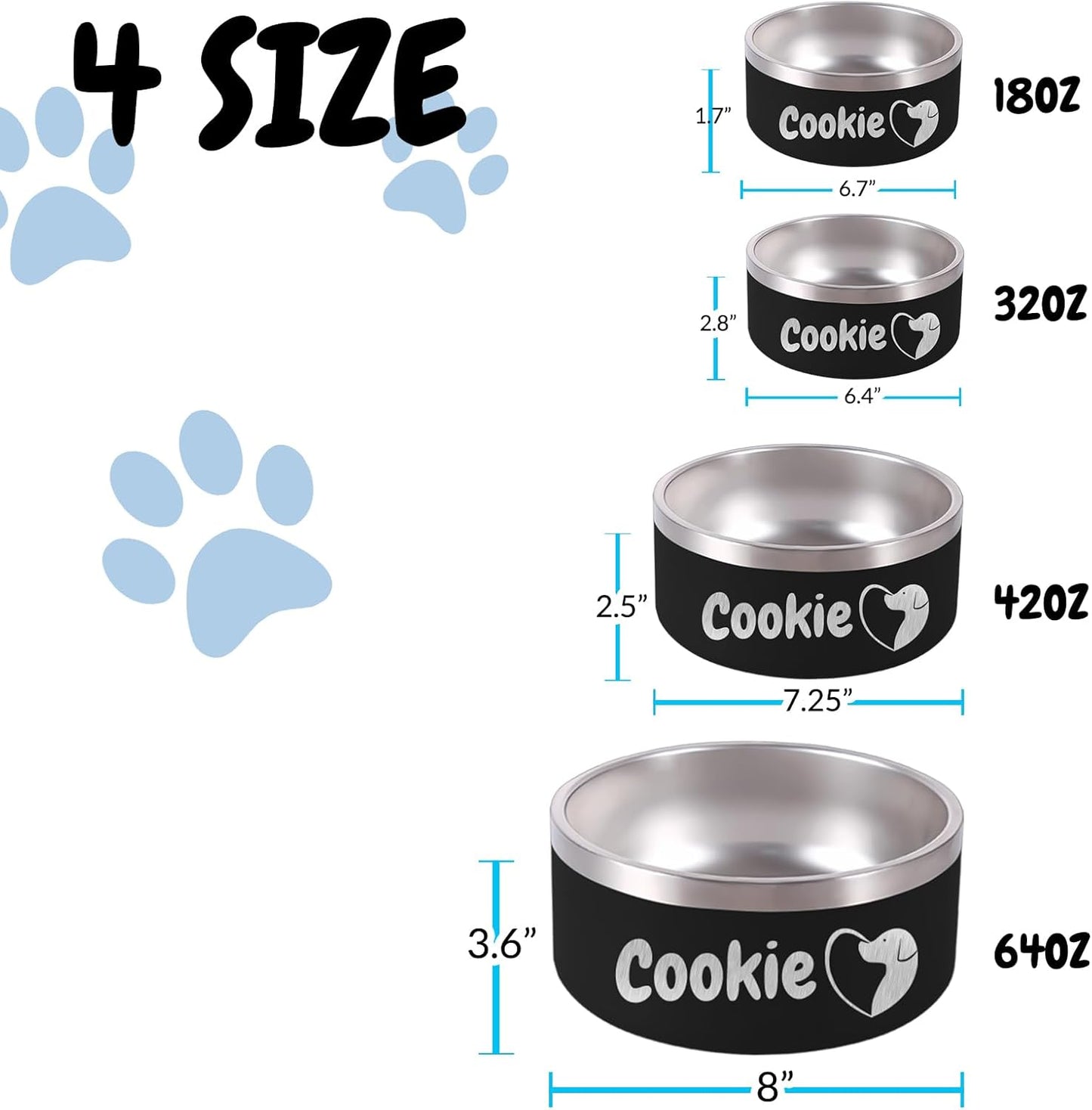 42OZ Personalized Dog Bowl Laser Engraved Custom Pet Name 18/32/42/64 oz No Slip Stainless Steel Insulated Bite-Resistant Food Water Dishes-Black