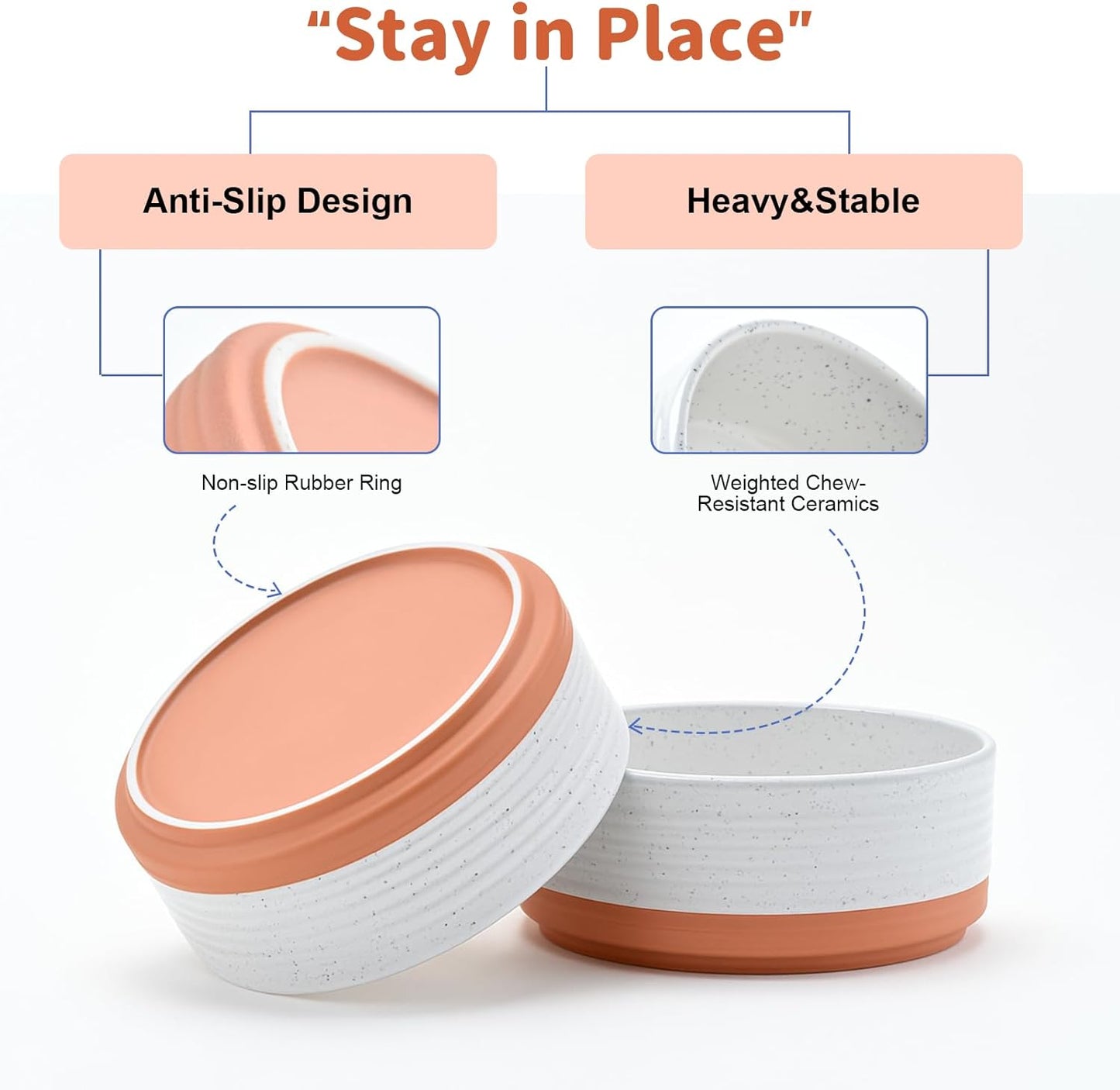 SPUNKYJUNKY Ceramic Dog and Cat Bowls 2 Pack, 6.1'' Dog and Cat Food Water Double Feeding Bowls Non-Slip for Cats and Medium Sized Breed Dogs Microwave Dishwasher Safe - 28.7 OZ, 2pcs, Pattern White