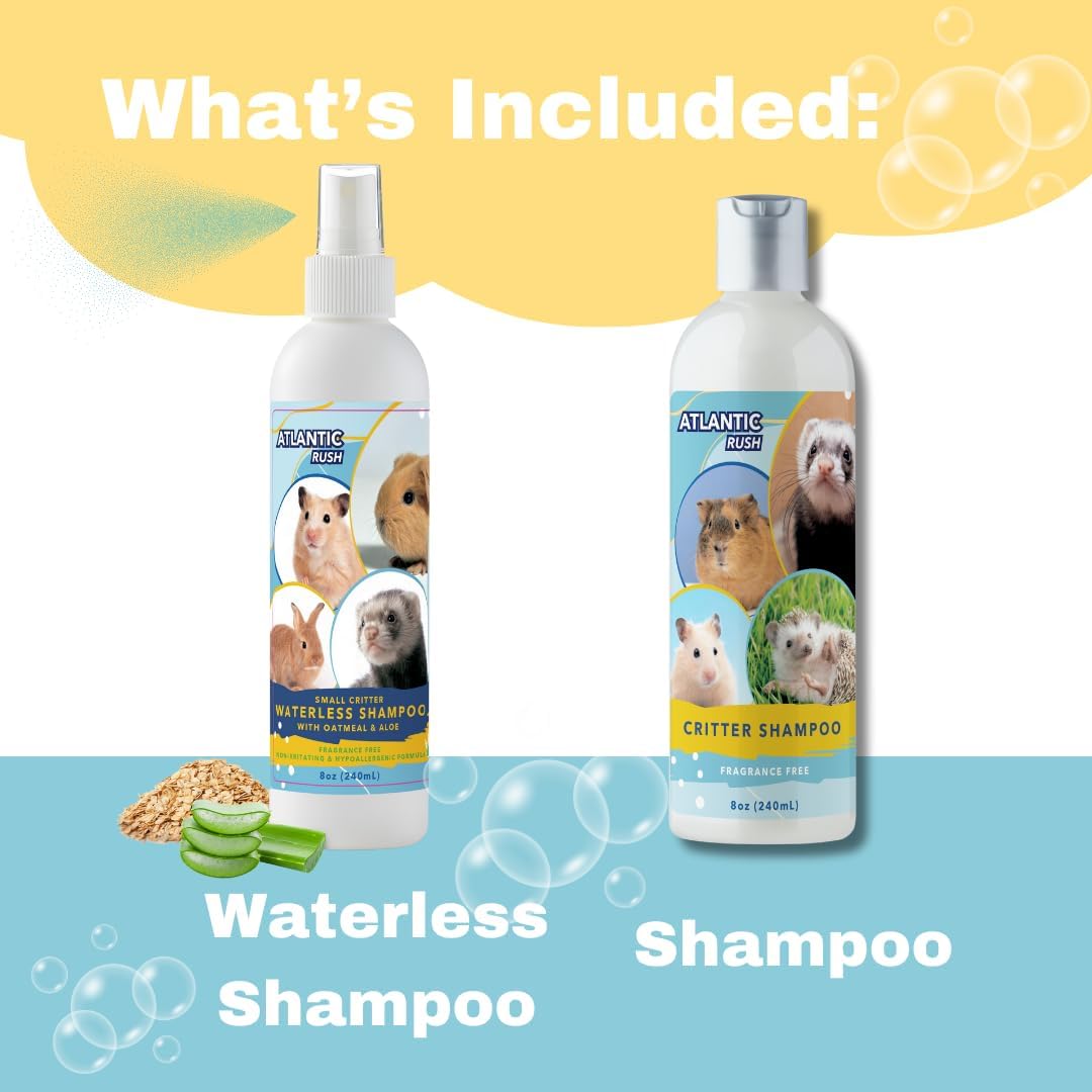 Small Critter Shampoo Bundle - 8oz Fragrance Free & 8oz No Rinse Shampoo for Ferrets, Guinea Pigs, Hedgehogs, Sugar Gliders, Rabbits & Hamsters - Small Animal Complete Bathing Set