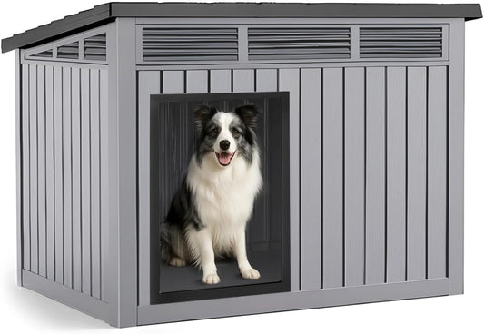 Dog House Indoor Outdoor,Resin Waterproof Puppy Shelter with Air Vents and Elevated Floor,Air Rod on Top to Open,Dog Kennel for Small to Medium Dogs(Grey,32.2 * 25.12 * 24.13)