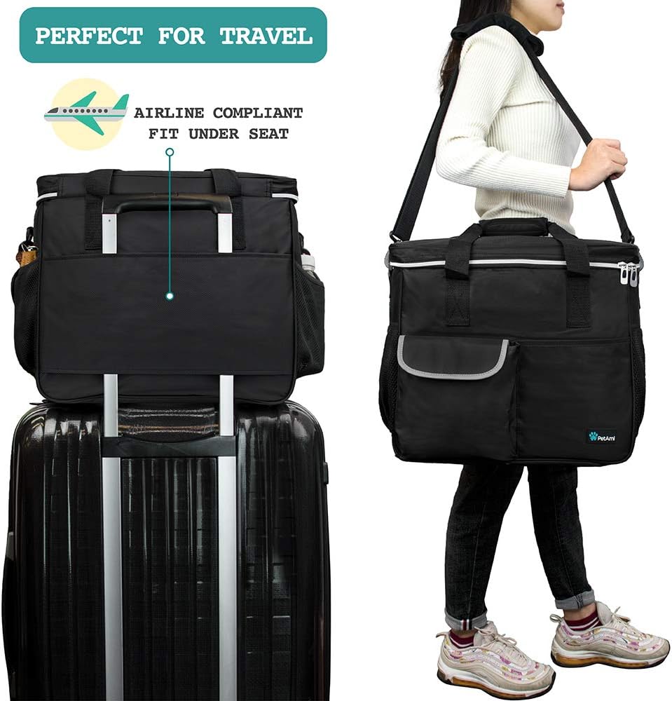 PetAmi Dog Travel Bag - Organizer with Food Container, Bowls & Accessories for Weekend Camping, Cat Diaper Bag (Black, Large)