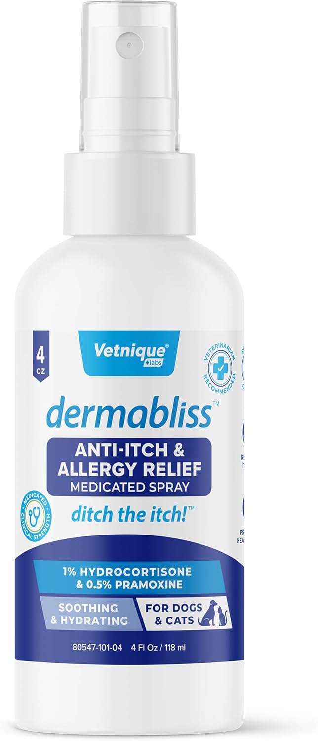 Vetnique Dermabliss Anti Itch Spray for Dogs & Cats with Hydrocortisone for Allergies and Immediate Dog Itching Skin Relief - Fragrance Free with Soothing Oat Extract (4oz)