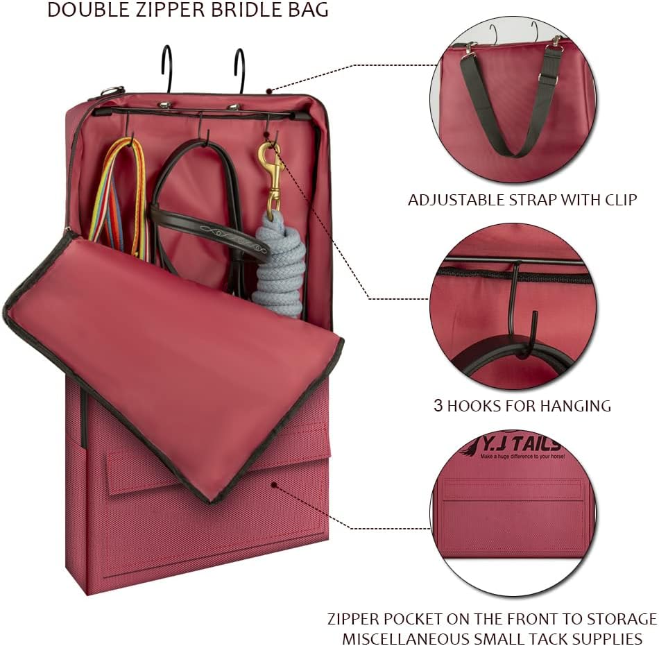 Horse Bridle Bag, Horse Tack Carry Bag with 3 Prong Tack Rack for Halters, Bridle, Harness, Equestrian Reins, Bits and Headstalls (Wine Red)