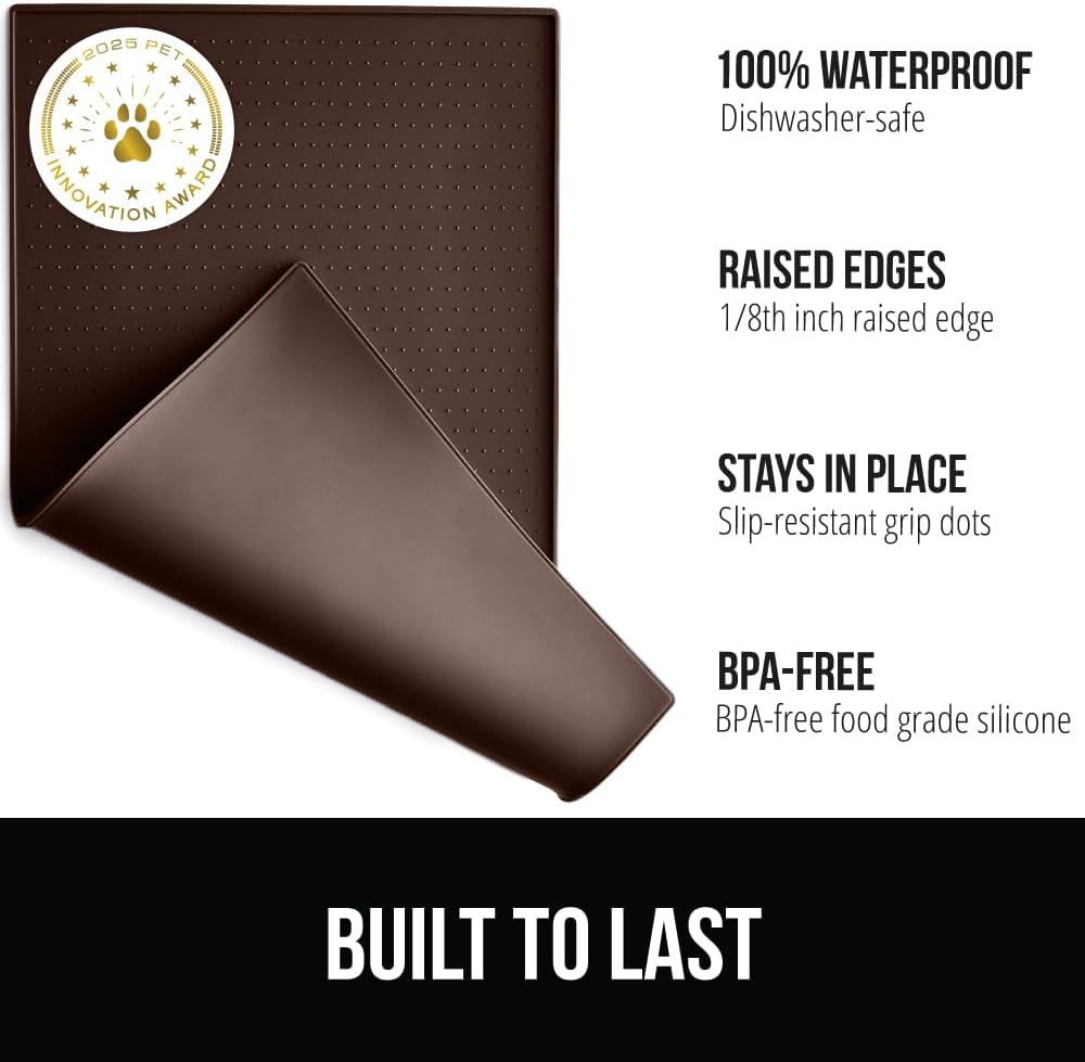 GORILLA GRIP 100% Waterproof Raised Edge BPA Free Silicone Pet Feeding Mat, Dog Cat Food Mats Contain Spills Protects Floors, Placemats for Cats and Dogs Water Bowl, Pets Accessories 18.5x11.5 Brown
