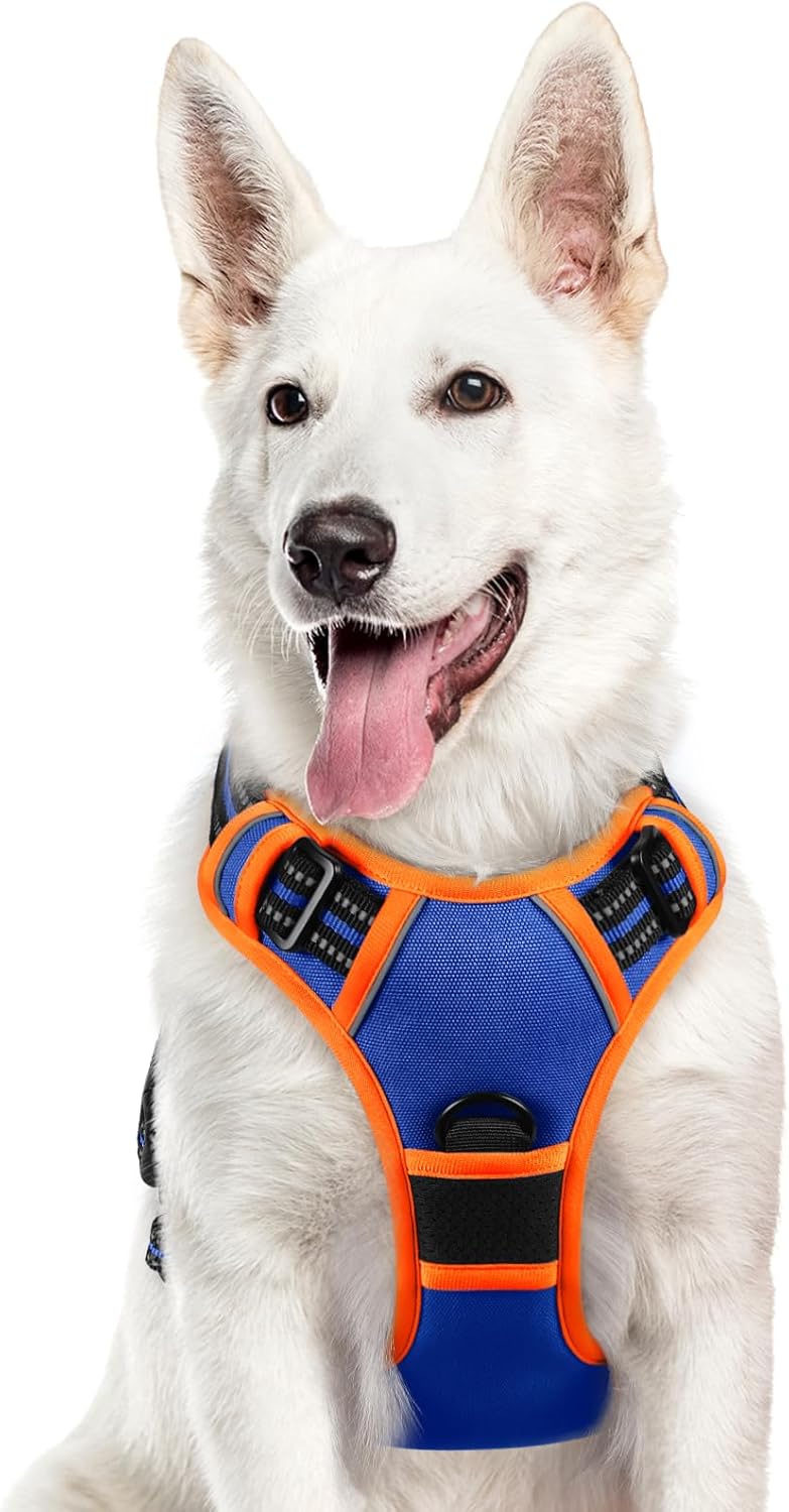 Eagloo Dog Harness for Large Dogs, No Pull Service Vest with Reflective Strips and Control Handle, Adjustable and Comfortable for Walking, No Choke Pet Harness with 2 Metal Rings, Blue & Orange, XL
