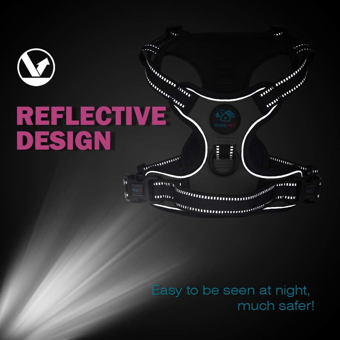 PHOEPET Reflective Dog Harness No Pull Large Breed Vest with 2 Metal Leash Attachment Hooks(L, Blue)