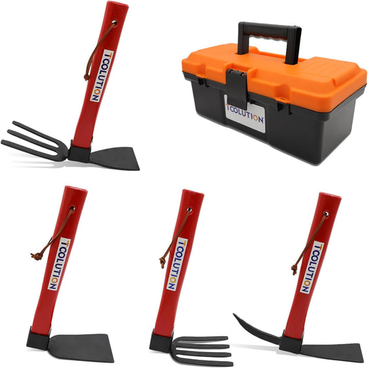 Garden Tool Set with Tool Box 4 Piece Heavy Duty Gardening Tools Kit with Hoe Rake Shovel Fork Non Slip Handle Garden Hand Tools for Digging Weeding Planting