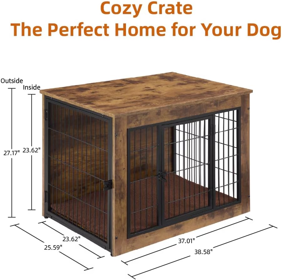 FLEXIMOUNTS Dog Crate Furniture with Cushion, Wooden Dog Kennel Furniture, Heavy Duty Dog Cage, 40" Dog Kennel with Double Doors, L