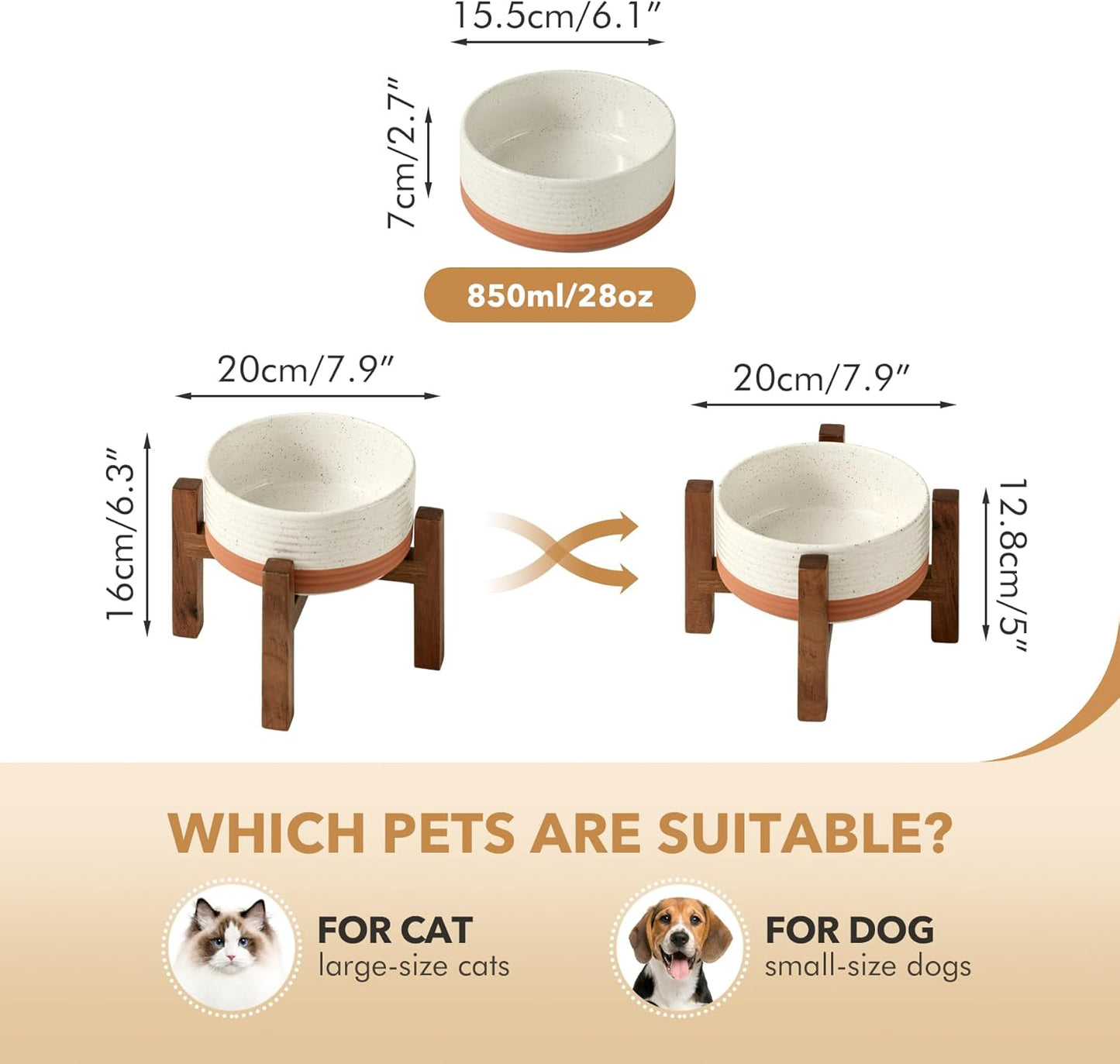 Ceramic 6.1inch Raised Dog and Cat Bowl Set, 2 Heights Elevated Wooden Stand for Small Breed Dogs, Weighted Pet Food and Water Dishes(6.1'',28.7oz, Vanilla White)
