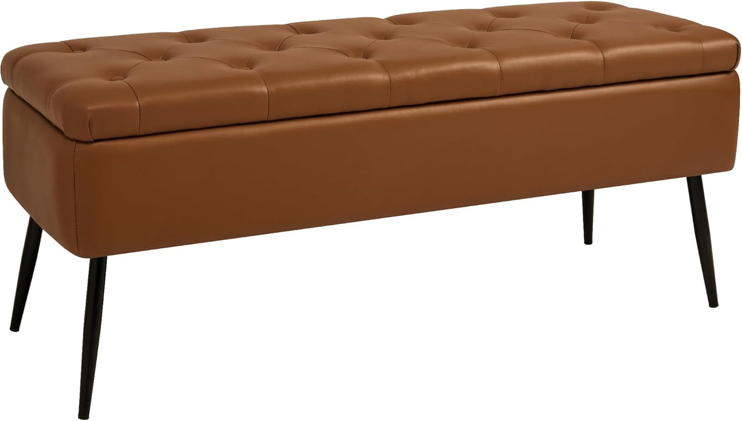 Leather Storage Ottoman Bench,End of Bed Bench for Living Room Bedroom Dinning Room Entryway,Mid-Century Modern,Faux Leather,with Steel Legs,Safety Hinges, Loads 660 lb (with Button, Brown)