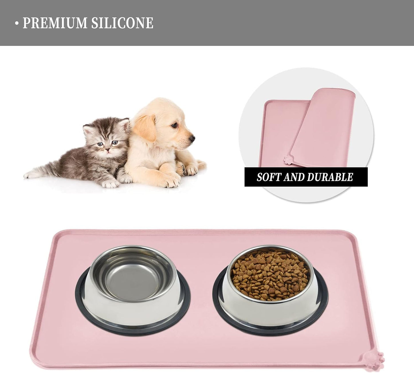 Waterproof Pet Feeding Mat with High Raised Edges, Heavier and Thicker Placemats for Cat Dog Water Bowl with BPA Free, Dogs Cats Food Mats for Messy Drinkers to Prevent Spill and Protect Floors