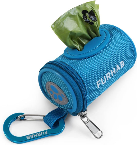 Dog Poop Bag Holder for Leash Doggie Waste Bag Dispenser Soft Fabric Puppy Potty Carrier Small Doggy Zipper Pouch with Carabiner Clip 1680D Nylon Oxford with 1 Roll of Pet Trash Bags, Sky Blue