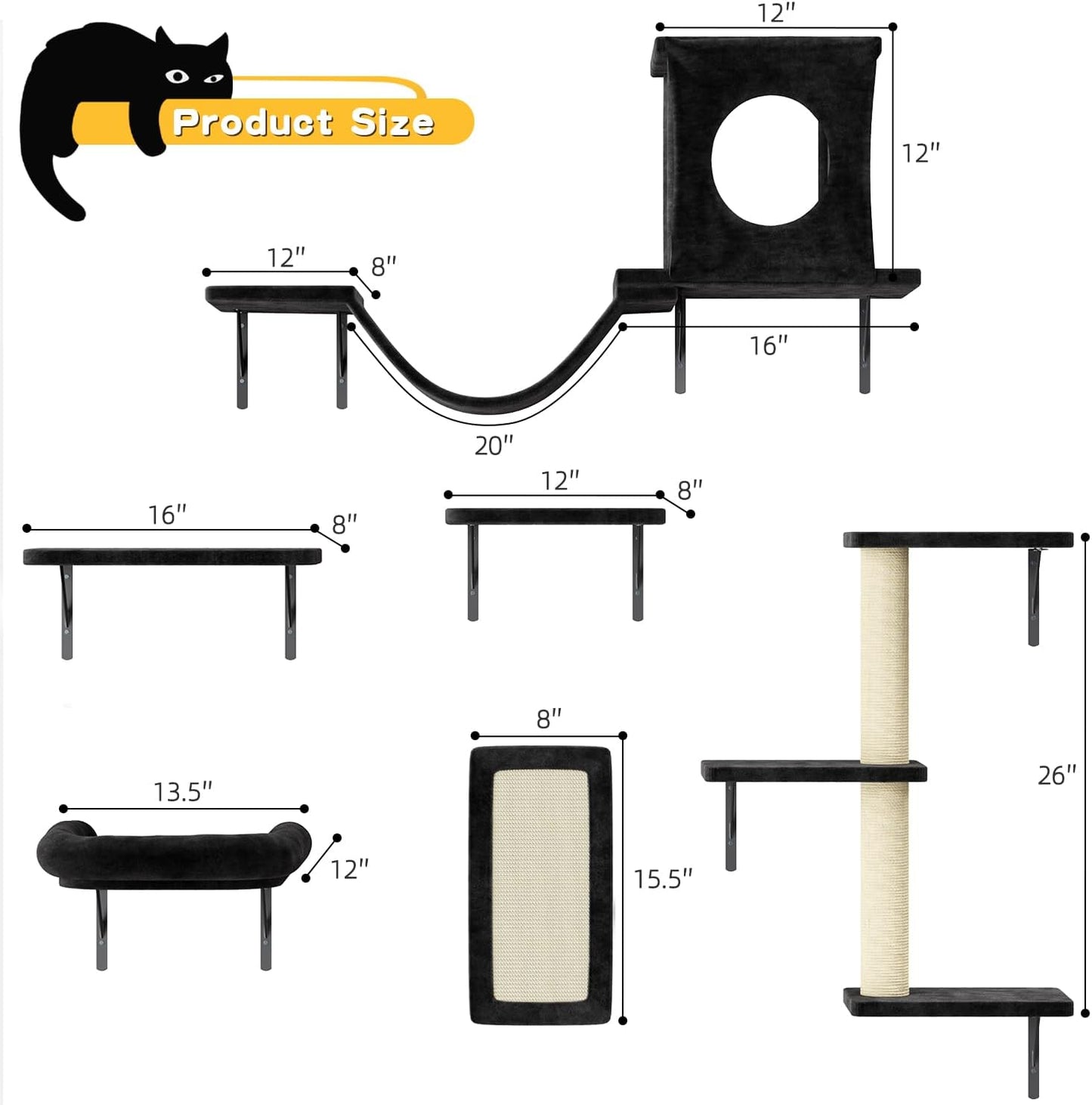 NUNU LAB Wall Mounted Cat Climber Set, 6 Pcs Cat Furniture Set with House, Bridge, Steps, Scratcher Board and Hammock, Shelves for Indoor, Luxury Walls Furniture(Black)