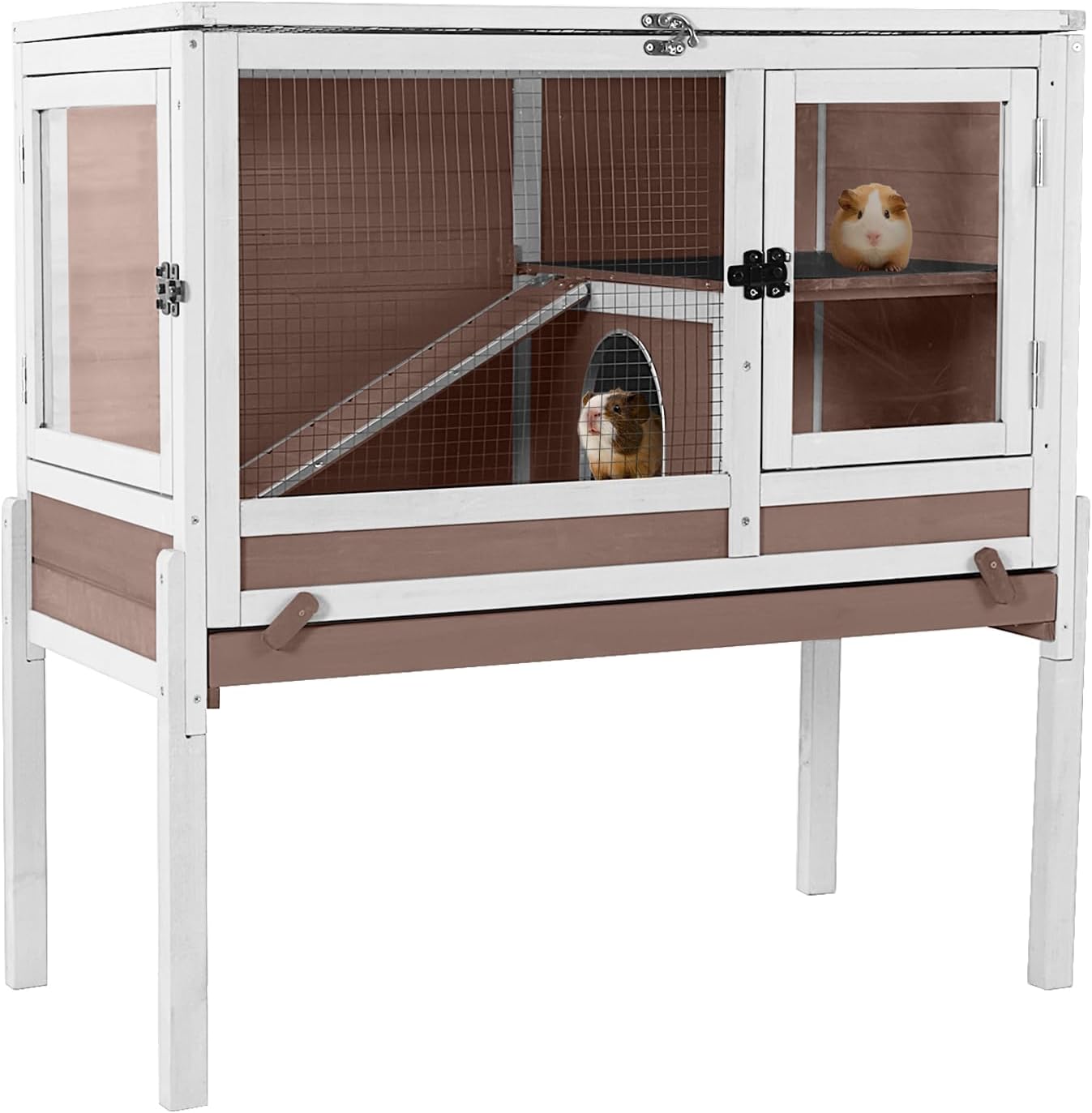 GUTINNEEN Rabbit Hutch Bunny House, 36.6" L Rabbit Cage with Anti Chewing Ramp, Guinea Pig Cage with Cooling Galvanized Sheet, Detachable Legs(Brown)