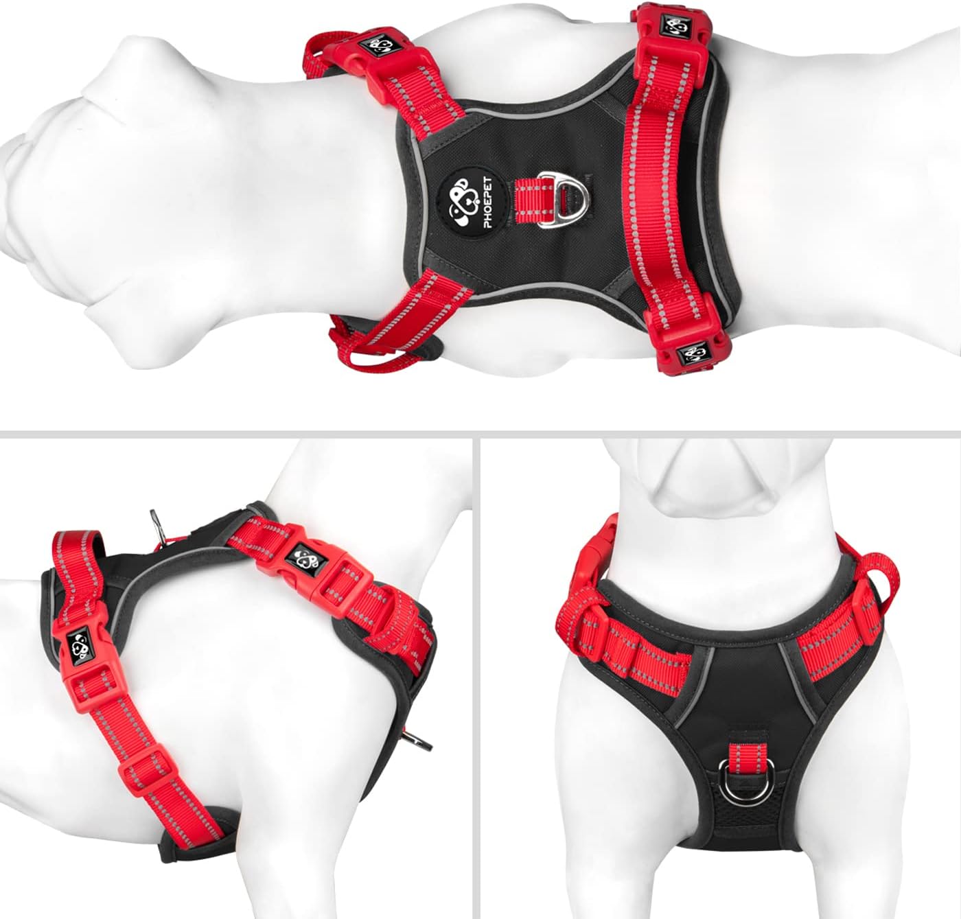 PHOEPET No Pull Dog Harness, Unique Colors Reflective Adjustable Dog Vest, with Soft Training Handle Metal Clips for Small Medium Large Dogs (Black Base & Red Straps,XL)