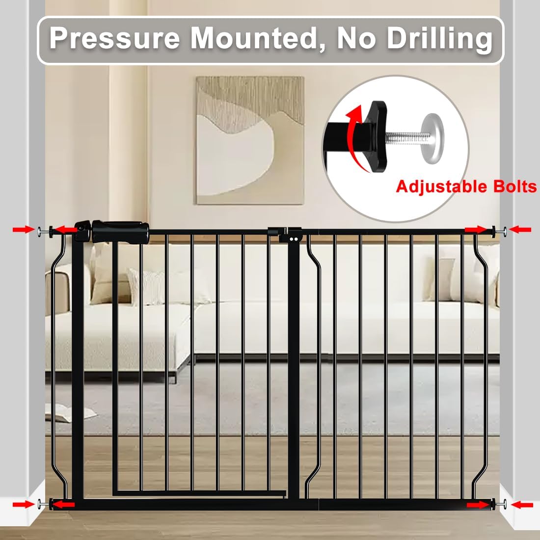 Fairy Baby Extra Wide Baby Gate Black 62-67 Inch Wide, Walk Through Pressure Mounted No Drill, Long and Large Tension Gate for Pet and Kids