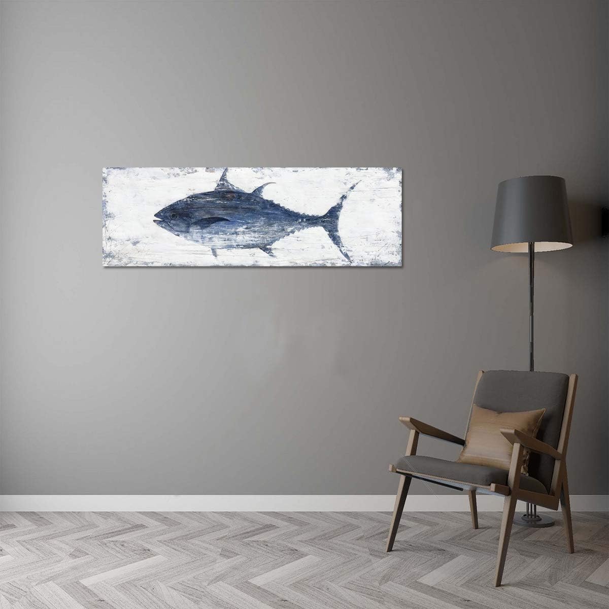 Yihui Arts Canvas Wall Art Hand Painted Abstract Tuna Fish Painting Modern Artwork Coastal Pictures in Blue and White Color for Bedroom Decoration