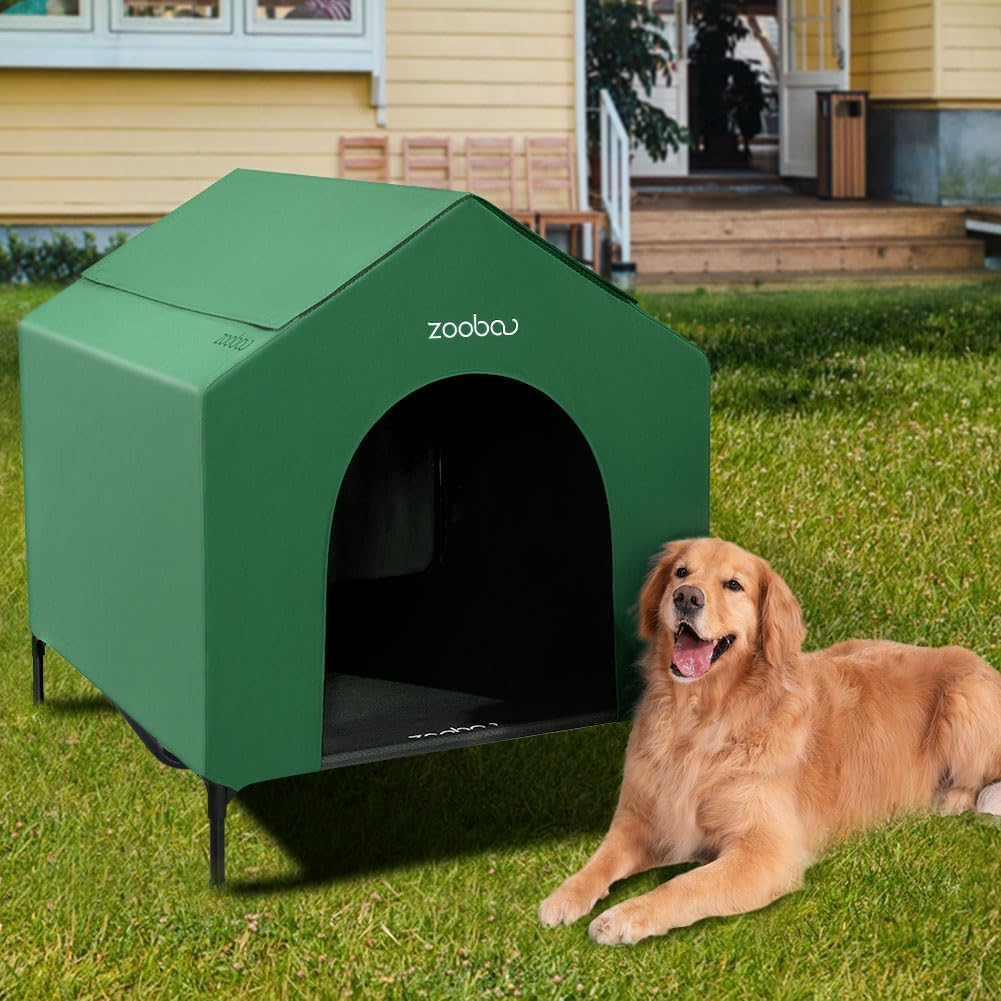 42" 2-in-1 Dog House for Medium Dogs, Elevted Dog House Outdoor/Indoor, Puppy Shelter Outside,Water Resistant 600D PVC and Durable 2x1 Textilene Raised Dog Bed(Green)