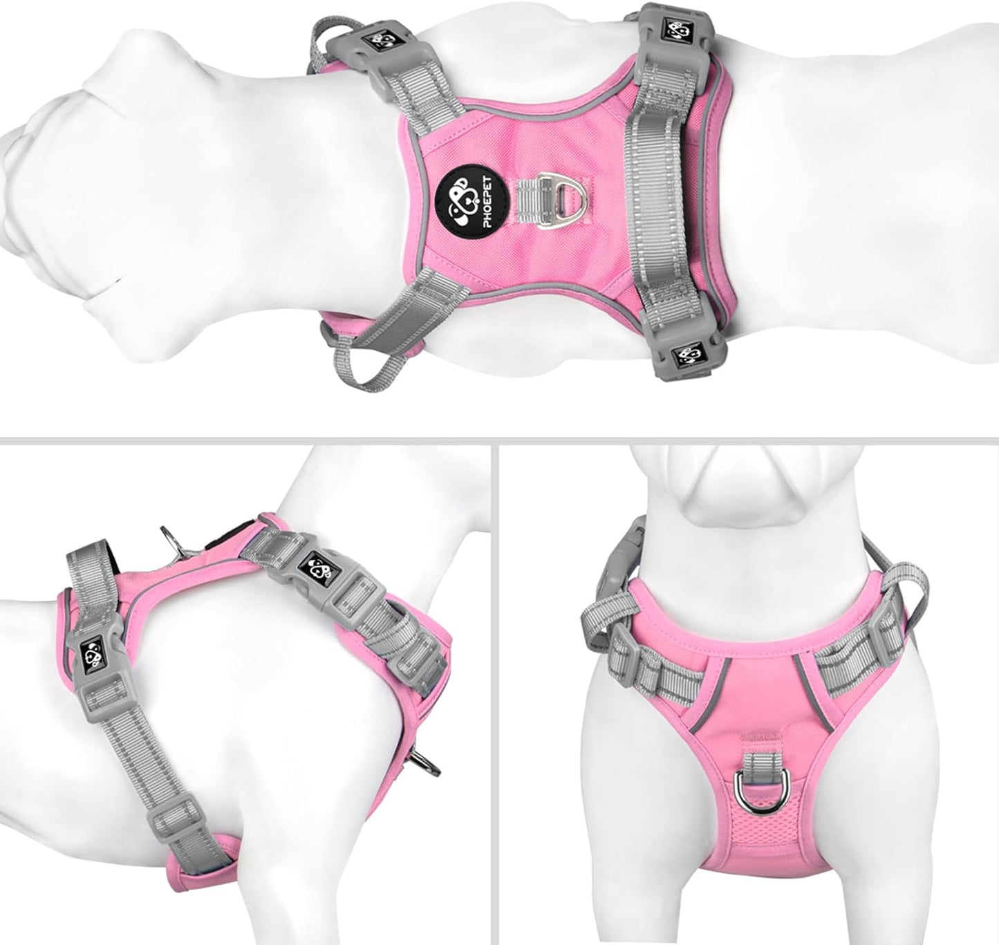 PHOEPET No Pull Dog Harness, Unique Colors Reflective Adjustable Dog Vest, with Soft Training Handle Metal Clips for Small Medium Large Dogs (Baby Pink Base & Grey Straps,XL)