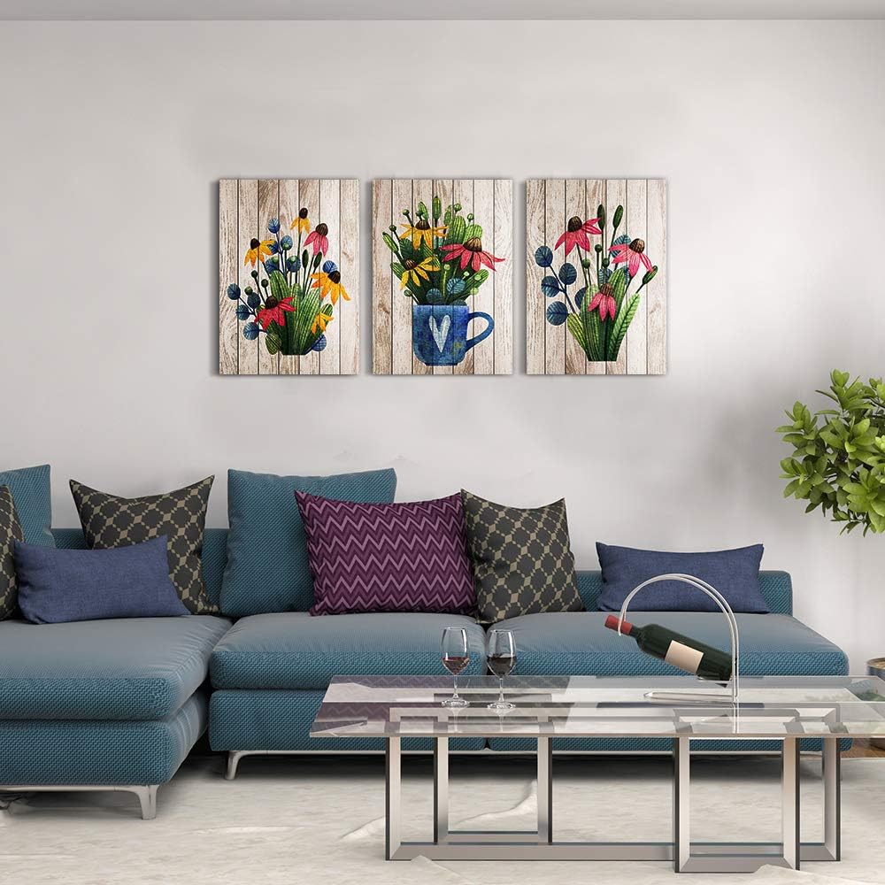 Canvas Wall Art For Kitchen Wall Decoration For Living Room Wall Decor For Bedroom Room Decor Vintage Wood Grain Plant Flowers Wall Painting Office Wall Pictures Artwork Home Decor 16" X 24" 3 Piece