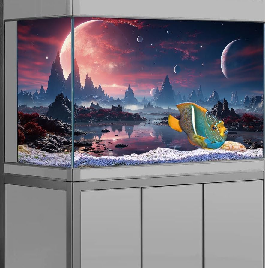 36X20IN Cosmic Spaceterrarium Background, Cool Parallel Space Themed Aquarium Reptile Habitat Background, Red Moon Aquarium Background with 10EVA Double-Sided Tape