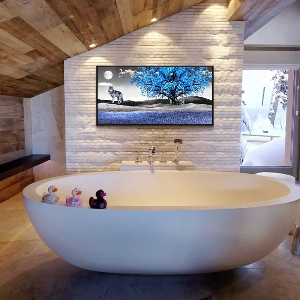 Framed Canvas Wall Art For Living Room Family Wall Decorations For Bedroom Modern Office Wall Decor Paintings Blue Tree Landscape Pictures Artwork Canvas Art Prints Home Decor Black Frame 20" X 40"