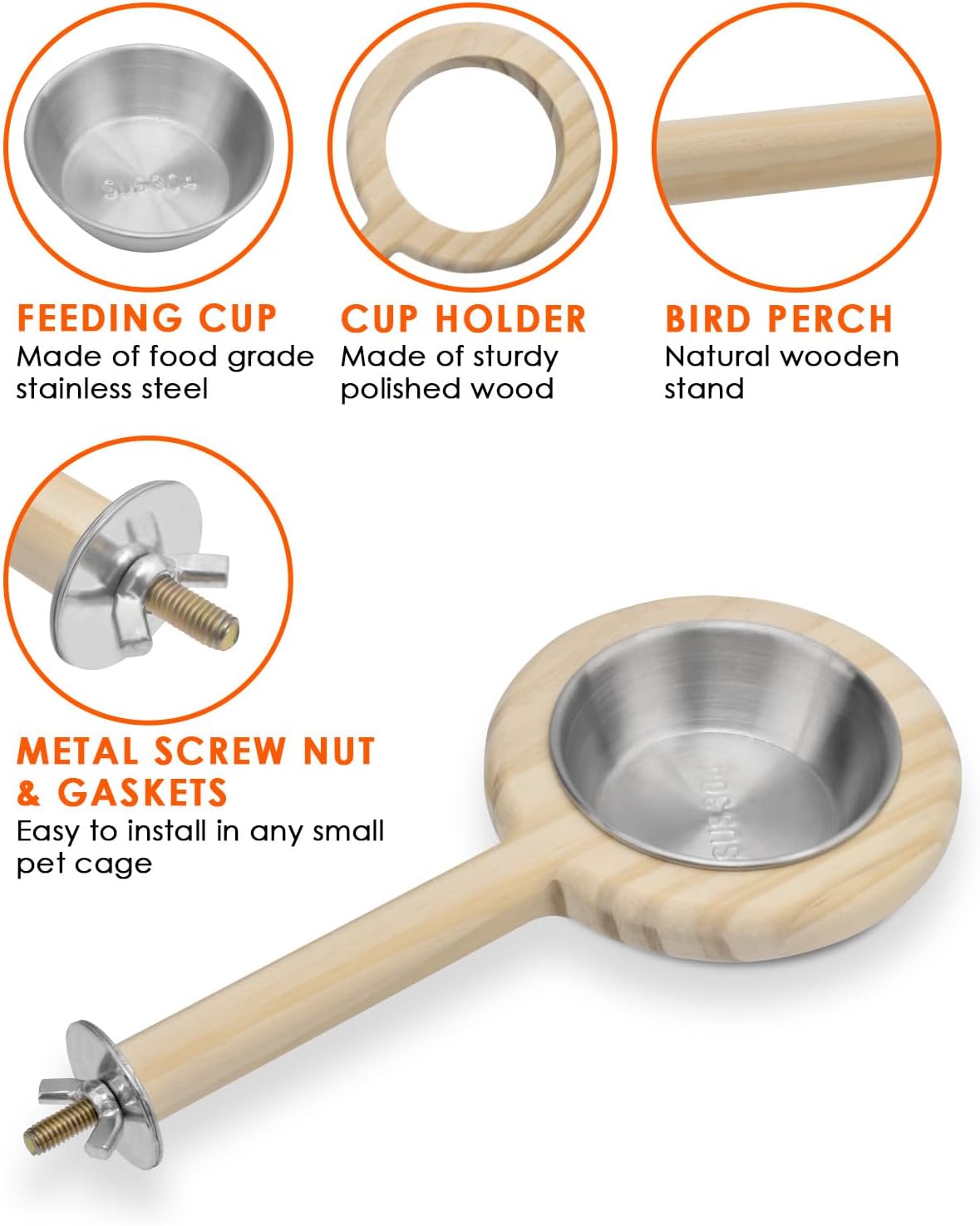 KATUMO Bird Perch Feeding Cup Birds Platform Parrot Wood Perch Stand Toy Cage Accessory for Parakeet Lovebird Cockatiel Conure Budgie Small Parrots (L Perch (Pack of 2))