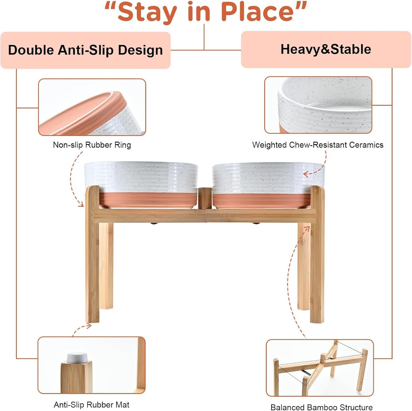 SPUNKYJUNKY Elevated Dog Bowls Ceramic, 8.3'' Dogs Food Water Bowls Raised with Non-Slip Bamboo Stand for Large Sized Breed Microwave Dishwasher Safe - 60 OZ,Pattern White