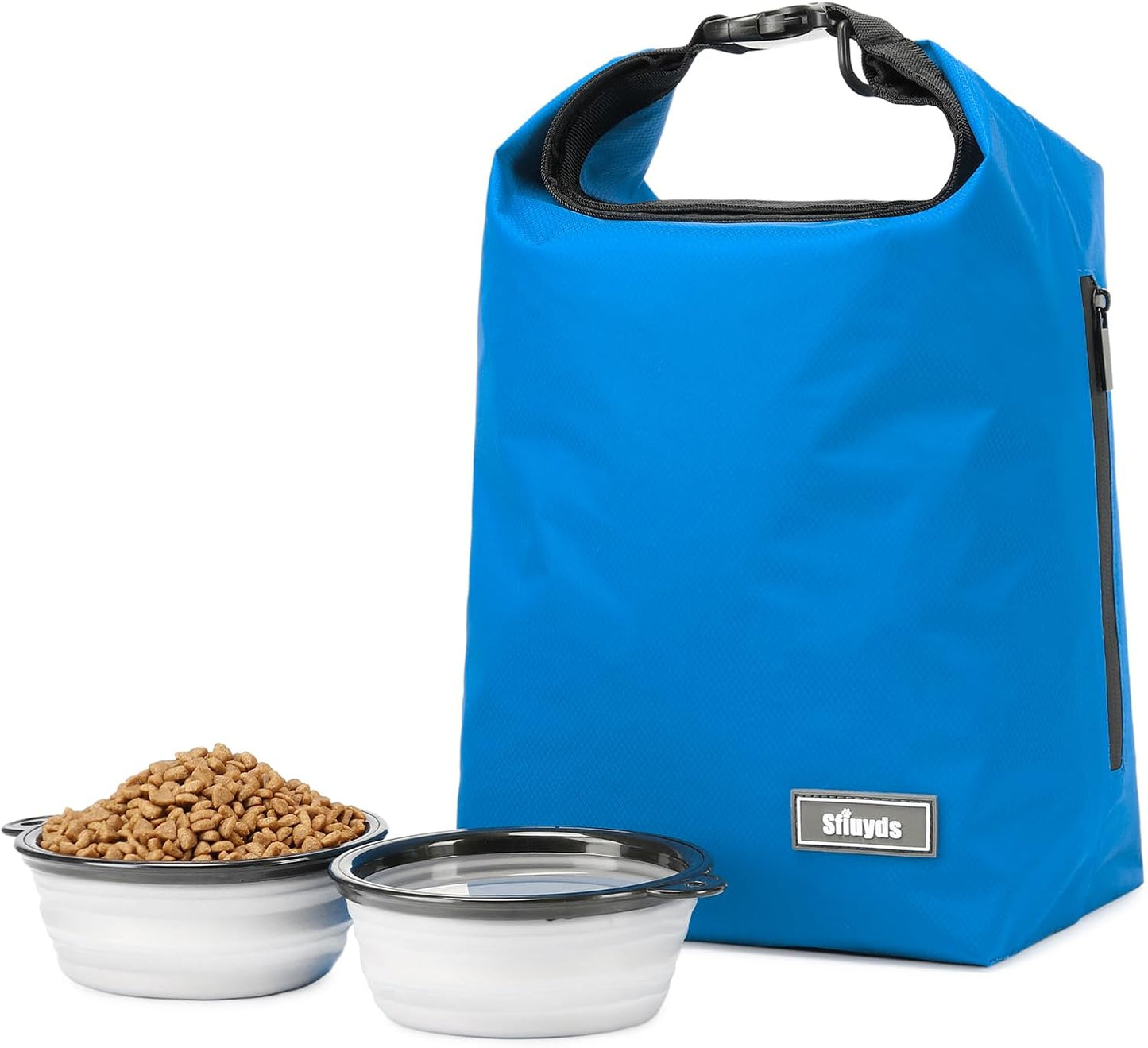Pet Food Storage Bag,Dog Storage Organizer Bag w/2PCS Collapsible Dog Travel Bowls and Zipper Side(Blue, Small)