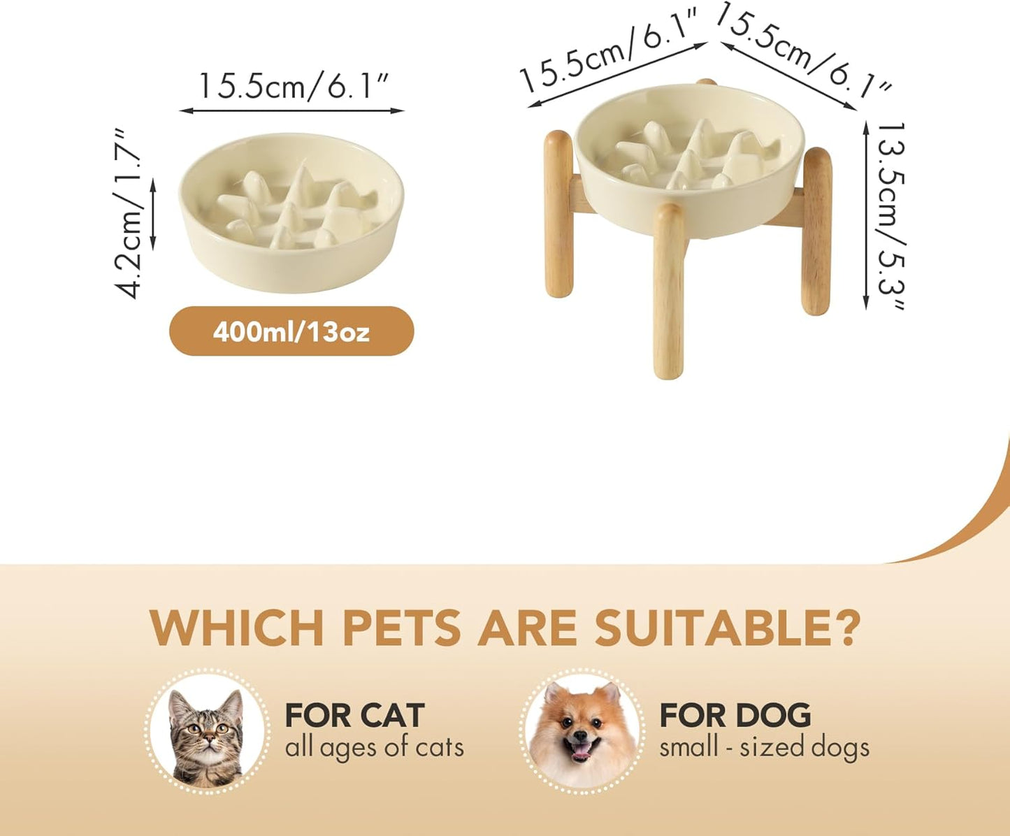 6.1inch Ceramic Dog Raised Slow Feeder Set, Elevated Bowl with Wooden Stand for Small Dog, Pet Slow Feeder Dish for Fast Easters, Preventing Choking (Beige, Single Bowl+ Stand)