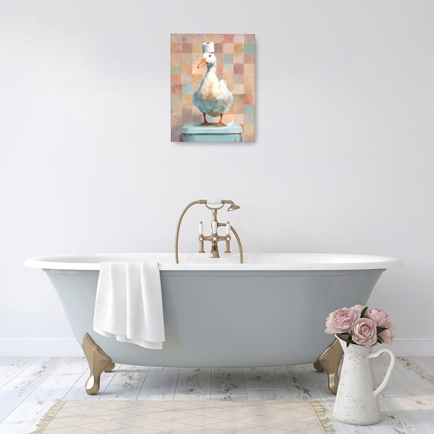 Funny Duck Bathroom Wall Art Cute Duck on Toilet Canvas Wall Decor Funny Quirky Farm Animal Pictures Painting Print Framed Artwork Decorations Gifts for Bathroom 16"x20"