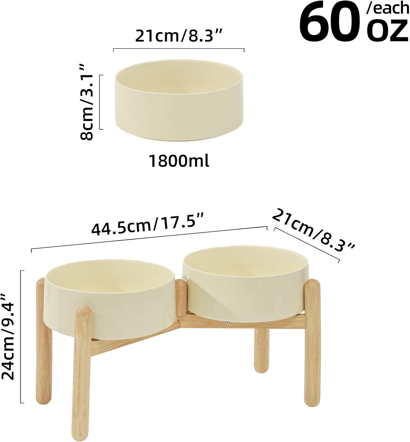 Ceramic 8.2inch Raised Dog Bowl with Stand for Large- Breed Dogs, Pet Food and Water Feeder (Double Bowl with Stand - Beige)