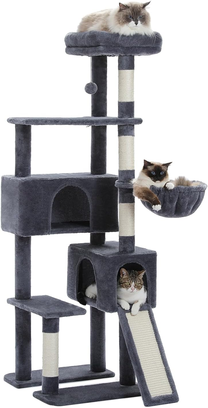 PAWZ Road Cat Tree, 60 Inches Cat Tower with Dual Condos, Spacious Perch, Cozy Basket and Sisal-Covered Scratching Posts for Indoor Cats- Dark Gray