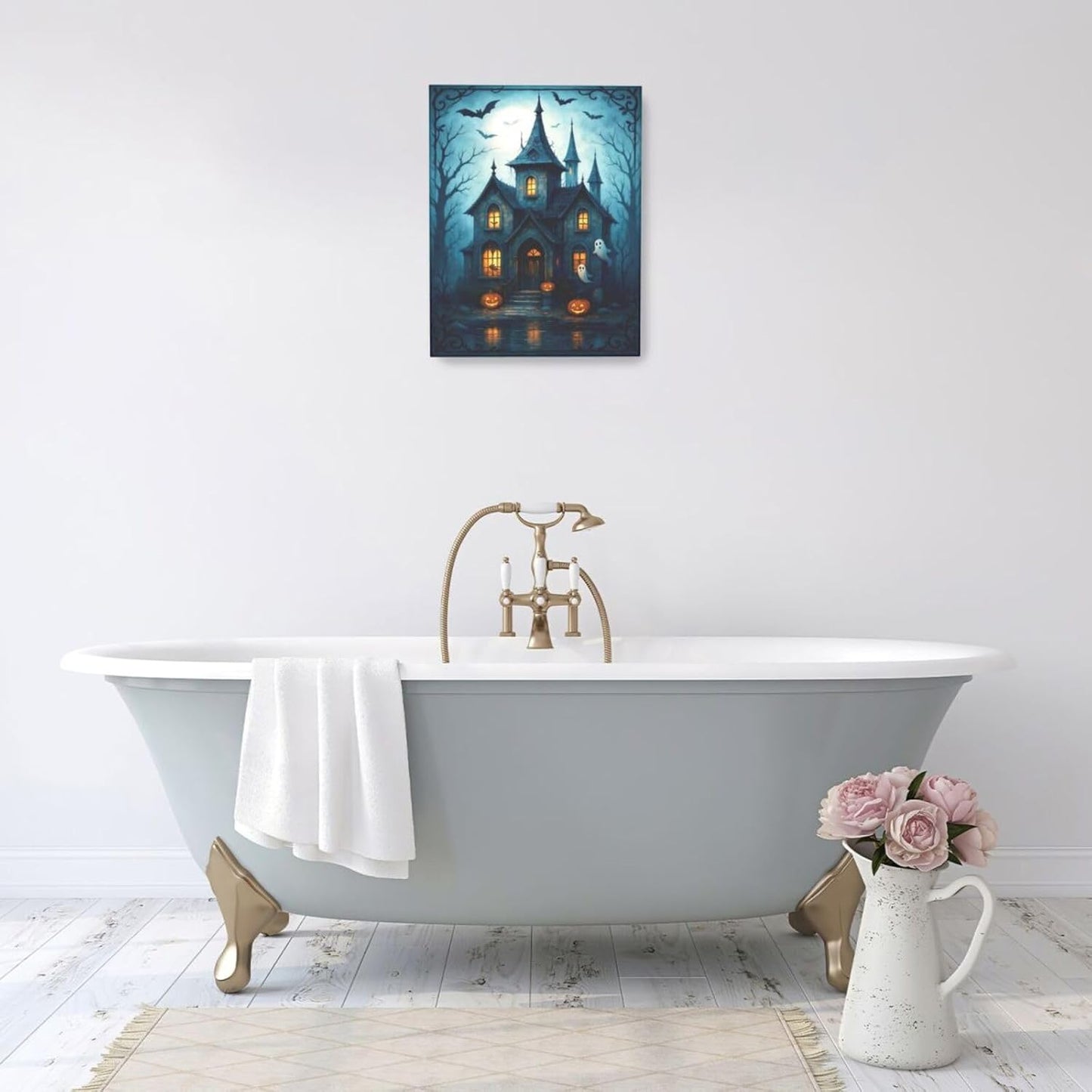 Halloween Gothic Wall Art Castle Pumpkin Ghost Bat Canvas Wall Decor Dark Academia Pictures Painting Print Framed Artwork Decorations Gifts for Halloween Living Room Bedroom Office 16"x20"