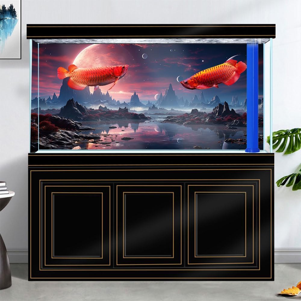 36X24IN Cosmic Spaceterrarium Background, Cool Parallel Space Themed Aquarium Reptile Habitat Background, Red Moon Aquarium Background with 10EVA Double-Sided Tape