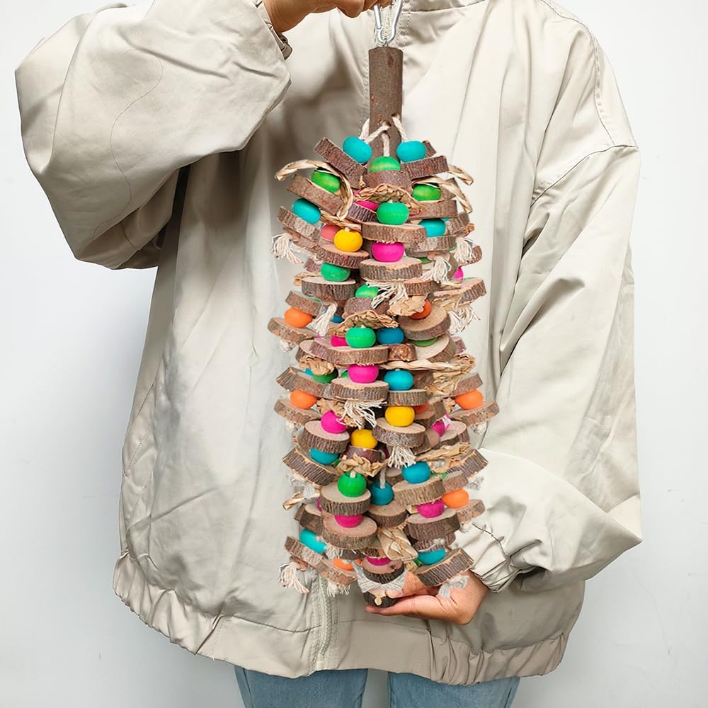 Large Bird Toys for Macaws, Multicolored Wooden Blocks Bird Chewing Toy Parrot Cage Bite Toy for Macaws Cokatoos African Grey and Large Medium Parrot Birds