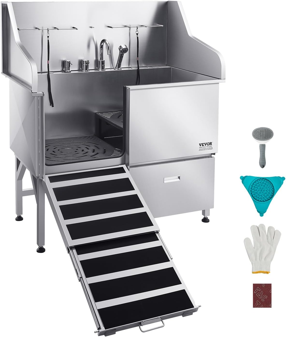 VEVOR Professional 304 Stainless Steel Dog Bathing Station, 50 inch Pet Grooming Tub w/Anti-Slip ramp, Storage Drawer, Cold Hot Faucet Showerhead, for Large & Medium & Small (Left Door, with Drawer)